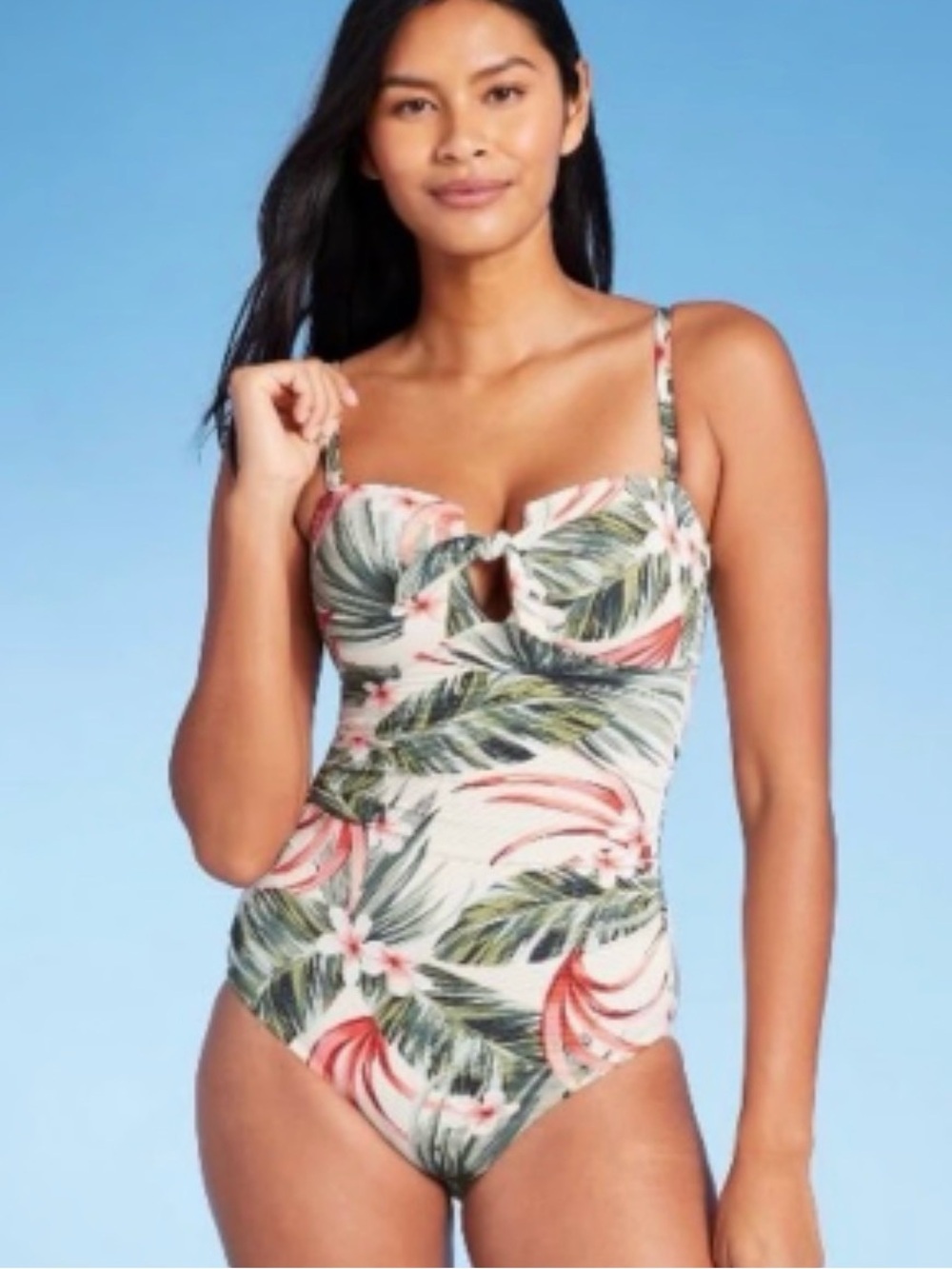 Kona Sol Tropical Floral One-Piece Swimsuit in Cream, Green & Pink